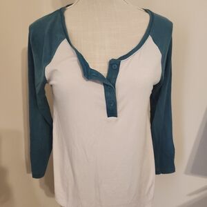 American Eagle Outfitters Teal and White Long Sleeve Henley